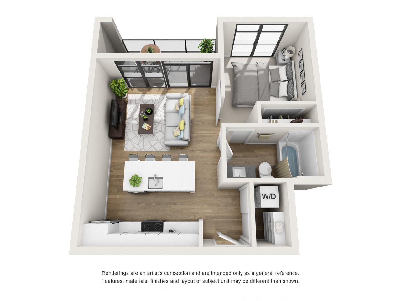 Floor plan for 1 bed, 1 bath, 512 sqft